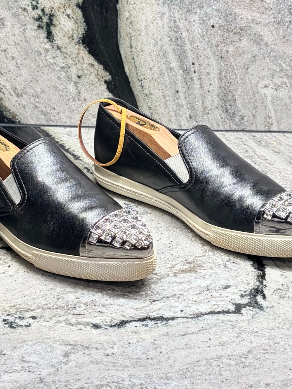 Miu Miu Black Leather Crystal Toe Slip-On Sneakers 37 Made in Serbia